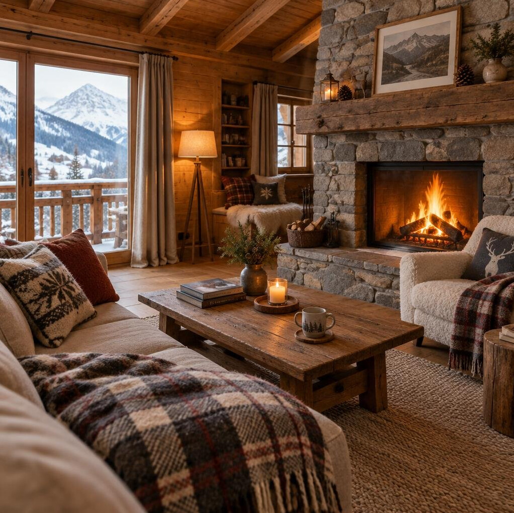 Warm wooden chalet interior with a stone fireplace