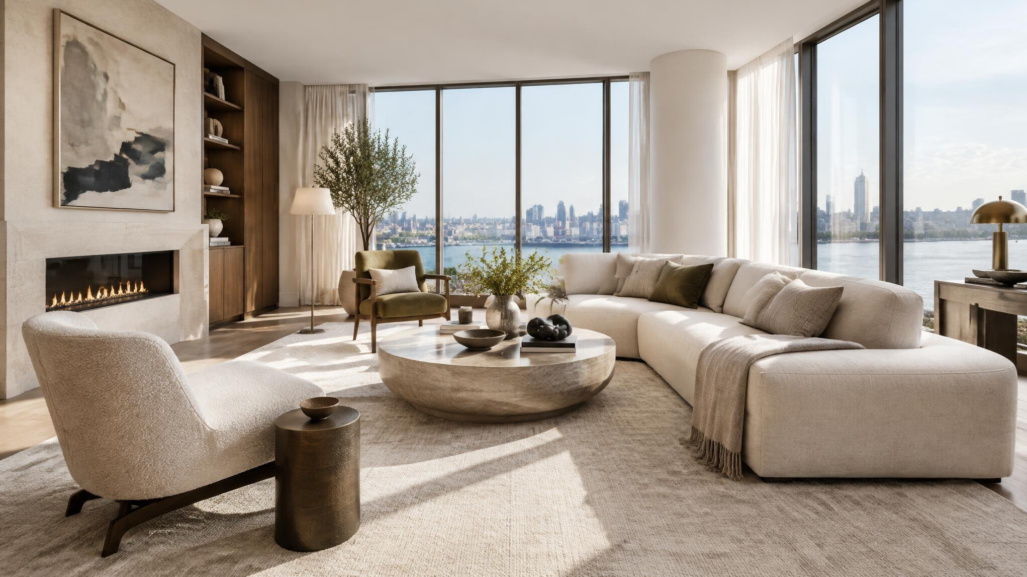 Elegant modern living room with designer furniture and natural light