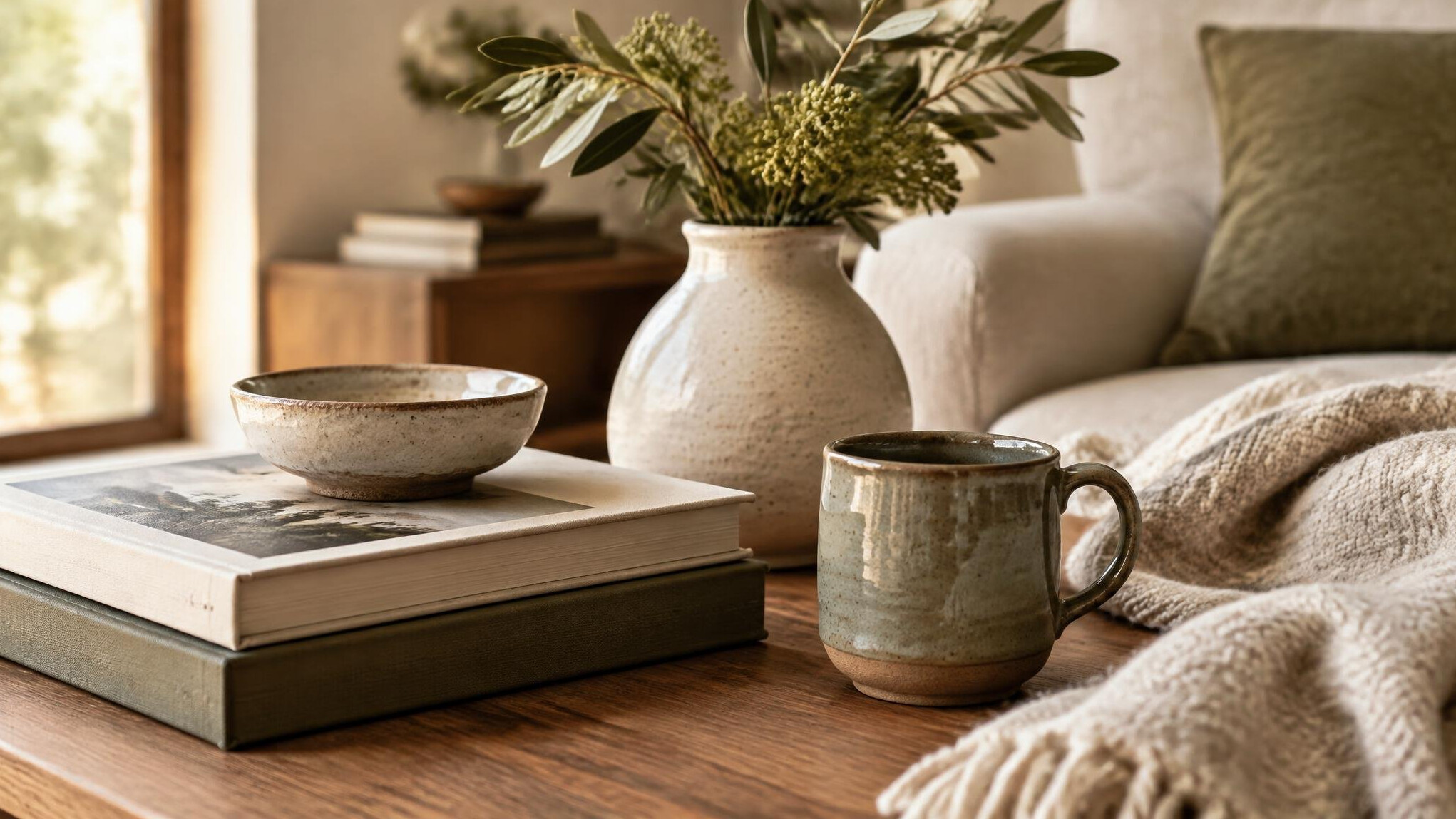 Close-up of a tasteful interior design vignette with books and ceramics