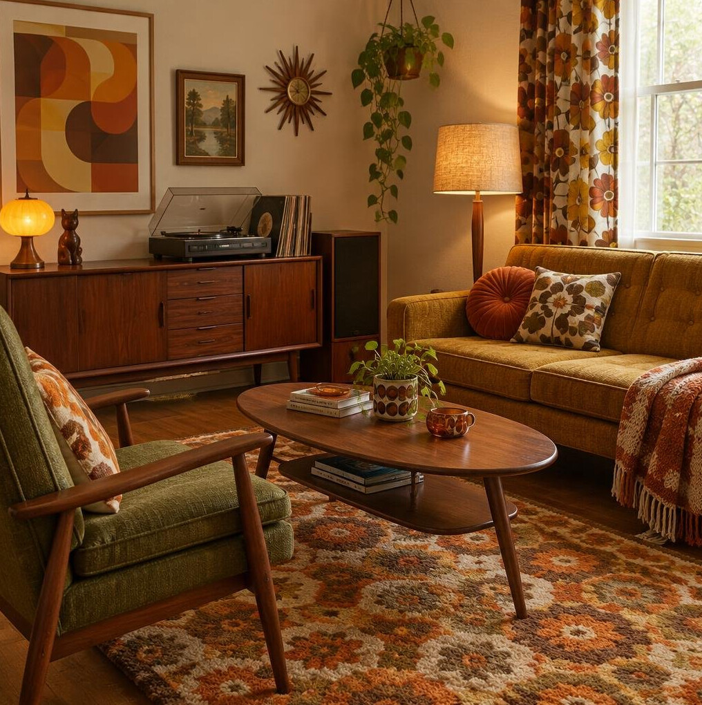 Vintage-style living room with retro furniture and patterned textiles