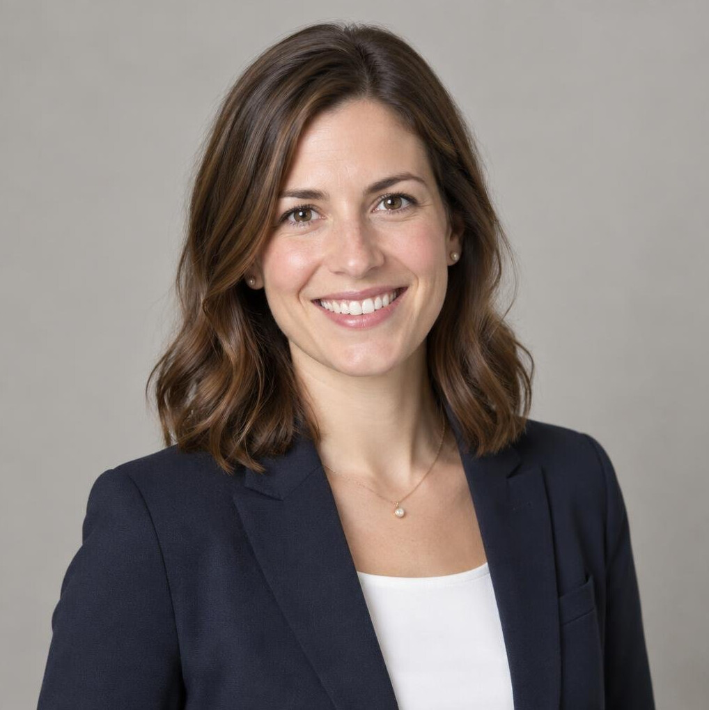 Studio portrait of a Swiss woman in her thirties, architecture journalist, smiling