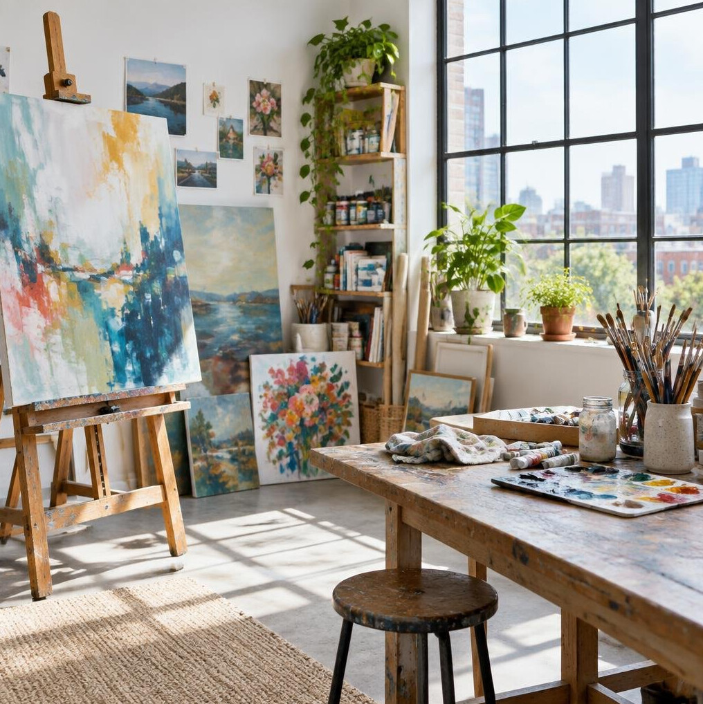 Bright creative artist studio workspace with canvases and natural light