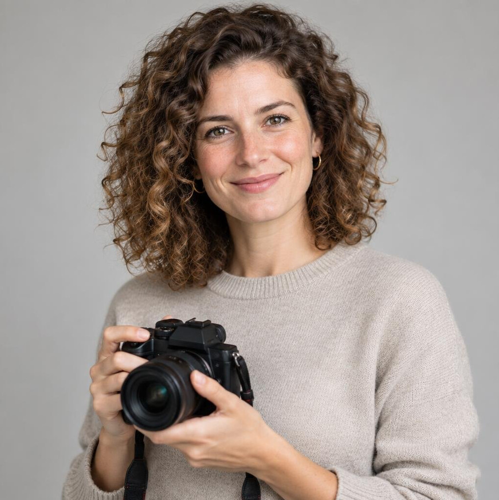 Studio portrait of a Swiss woman, photo editor, holding a camera, smiling